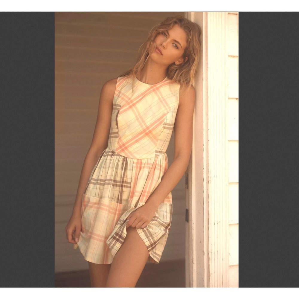 Anthropologie LyreBird Sleeveless Plaid Mini Dress‎ L Open back Cottagecore NEW